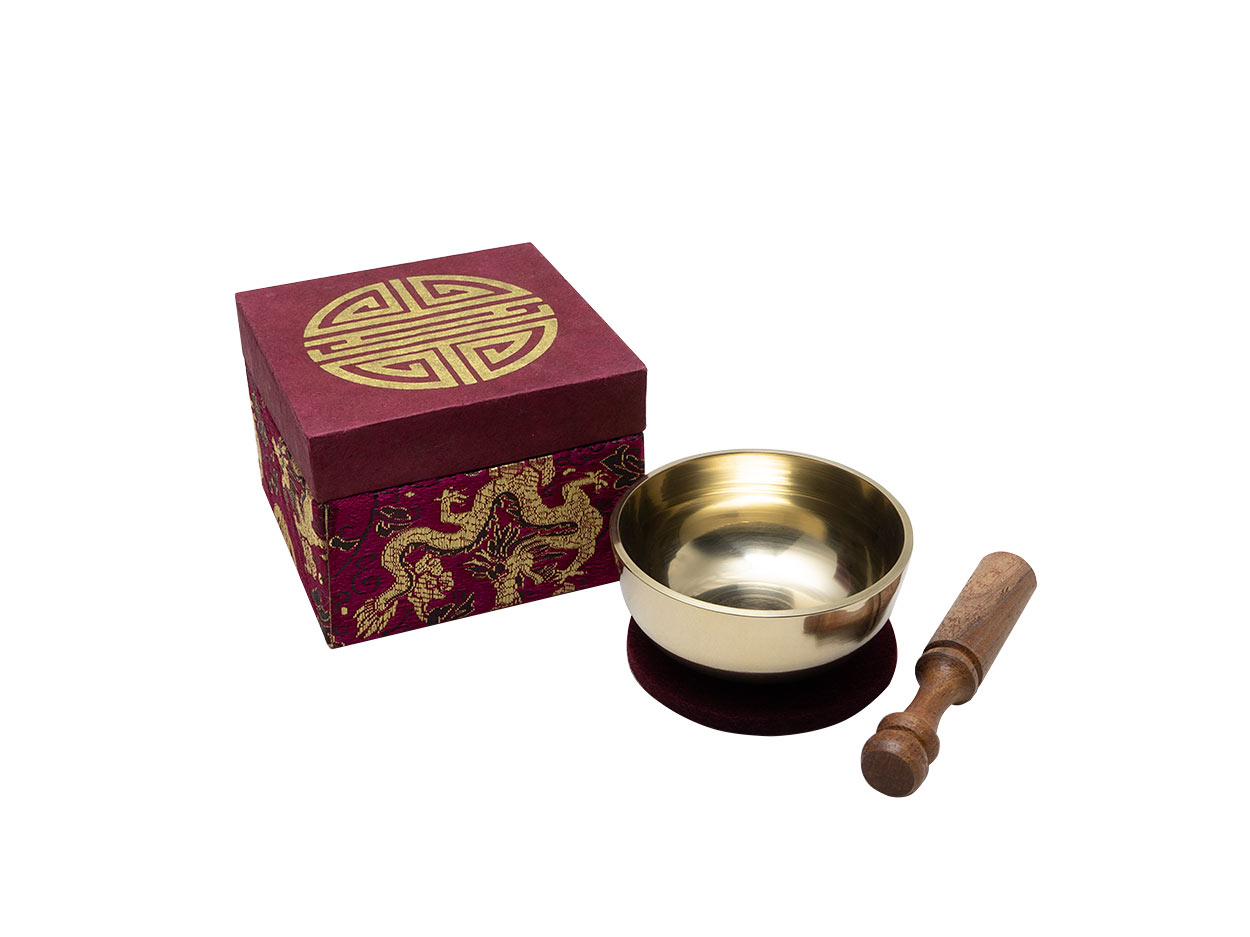 Klangschalen-Set in violetter Brokat Box mit Shou-Symbol, gegossener mini Klangschale, schwarzem Pad und Holz Klöppel