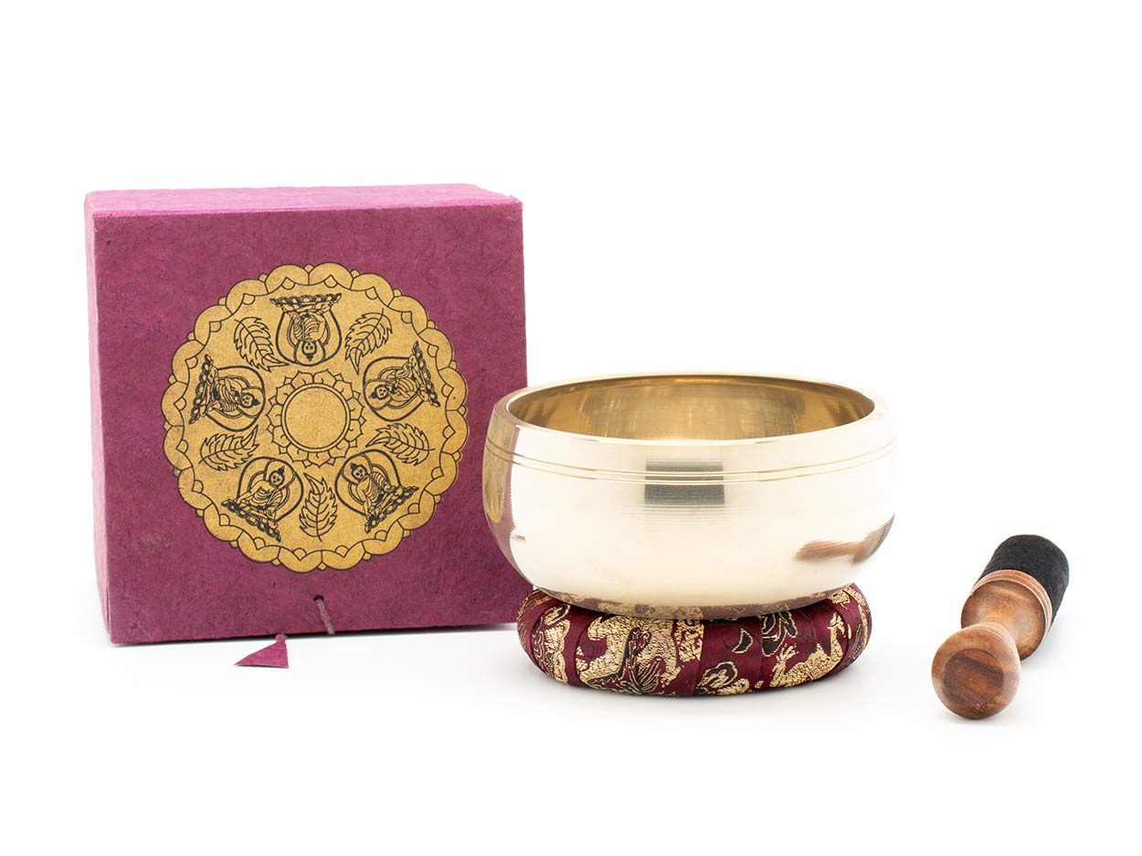 Klangschale mit Dhayani-Buddha-Relief in violettfarbener Geschenk-Box