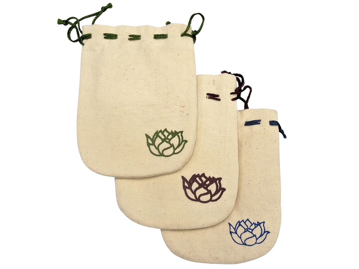 Zimbelbeutel Baumwolle naturfarben mit Lotusaufdruck in verschiedenen Farben